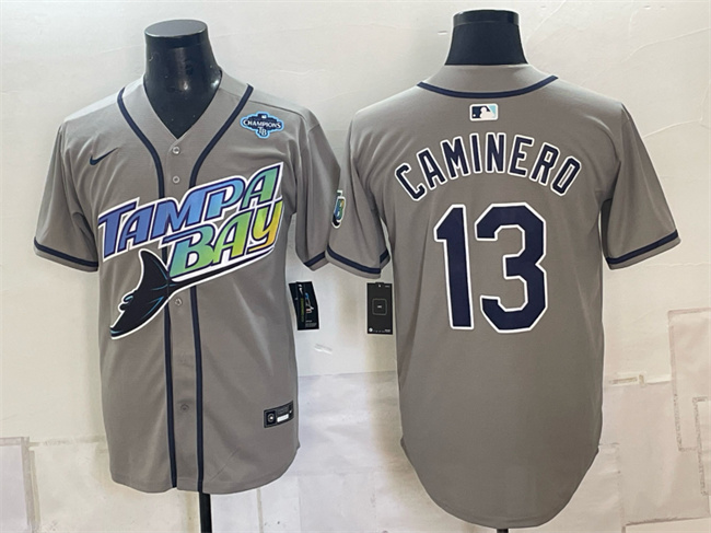Men's Gray Tampa Bay Rays #13 Junior Caminero 2026 AL East Champions Patch Vapor Limited Stitched Baseball Jersey